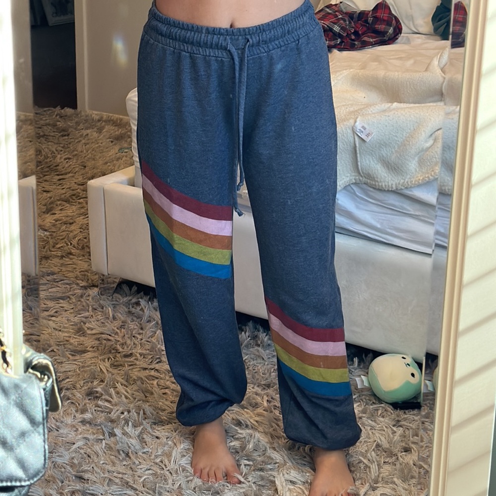 Navy/grey sweatpants w/ rainbow stripes, cuffed bottom, very comfortable. Size:M